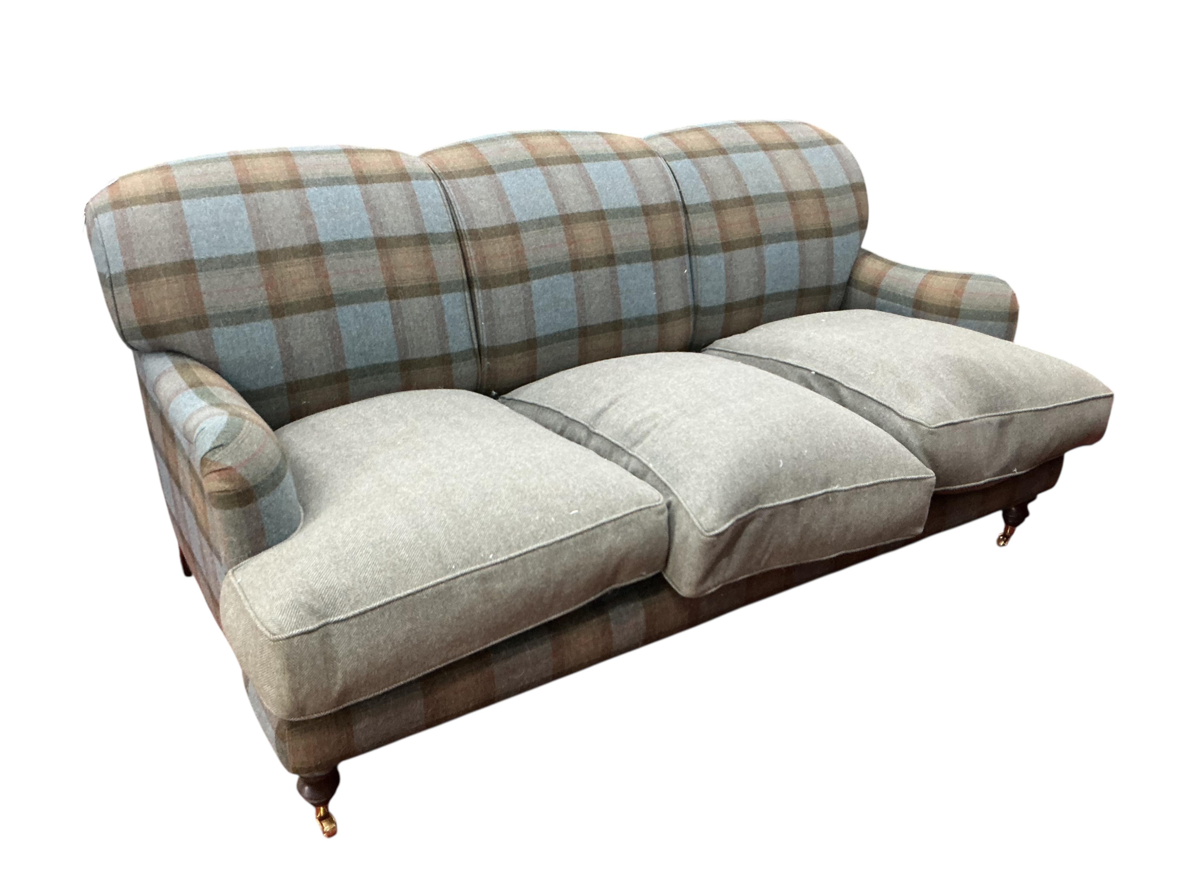 A Sofa Workshop tartan wool fabric three seater sofa in the style of Howard and Sons, width 194cm, depth 96cm, height 88cm